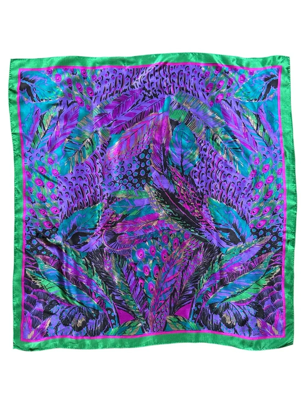 HONEY 100% Silk Scarf Jewel Tones Peacock Feathers  Made in Japan Vintage